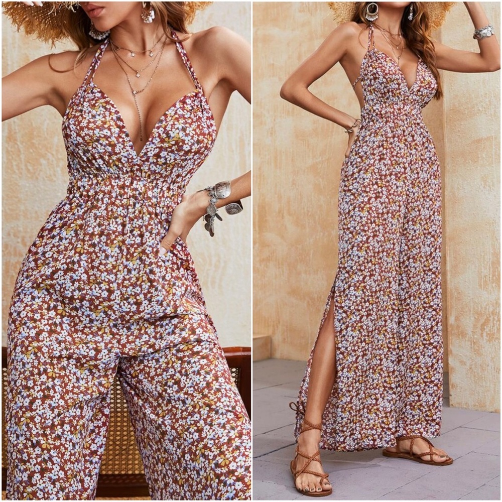 Boho Floral Print Open Back Tie Halter Jumper Jumpsuit - Picture 3 of 8